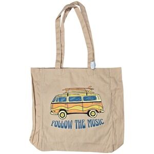 American Eagle Canvas Tote Bag Follow The Music Van Surfboard Graphic‎ Beige